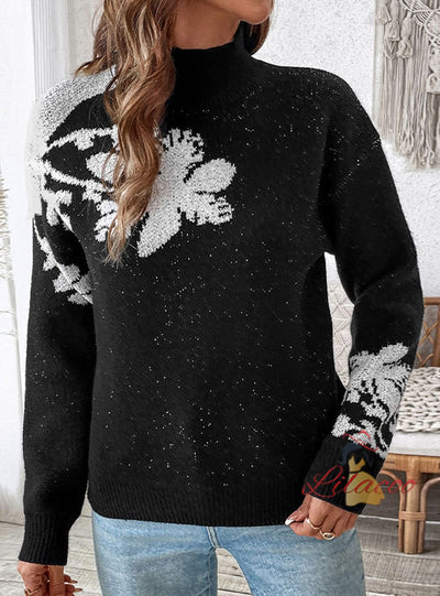 High Neck Contrast Jacquard Pullover Sweater