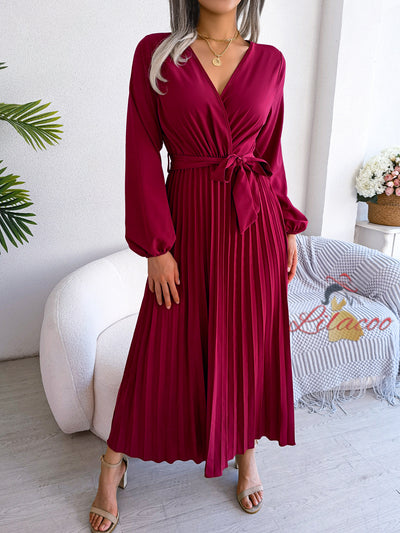 Cross V-neck Pleated Long Sleeve Dress