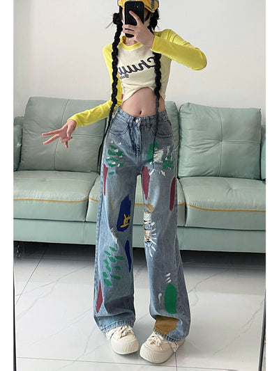 Retro Painted Hole High Waist Loose Jeans