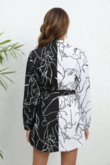 Lapel Long Sleeve Printed Stitching Contrast Dress