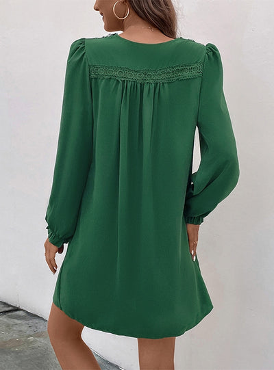 V-neck Pleated Long Sleeve Dress