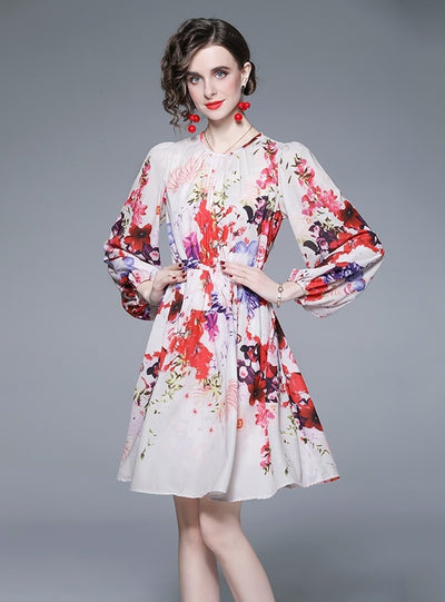 Long Sleeve Slim Print Chiffon Dress