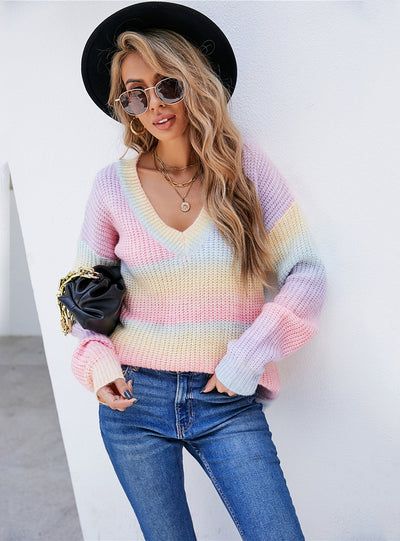 Rainbow Stitching Tie-dyed V-neck Pullover Sweater