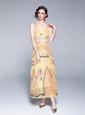 Sleeveless V-neck Chiffon Printed Beach Dress