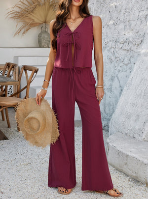 Solid Color Sleeveless Top Wide-leg Pants Suit