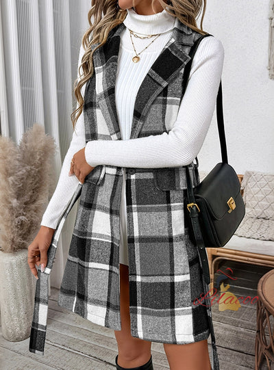 Checked Silm Waist Suit Collar Sleeveless Vest