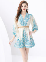 Palace Lantern Sleeve Printed Short Mini Dress