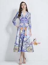 Retro Printed Long-sleeved Long Ruffled Dress