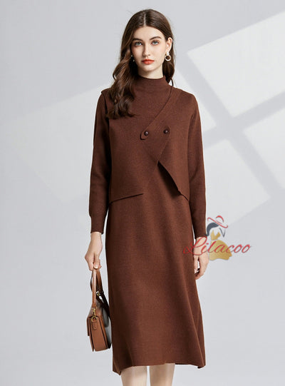 Thickened Semi-high Neck+Long Sleeve Dress Two-piece Suit