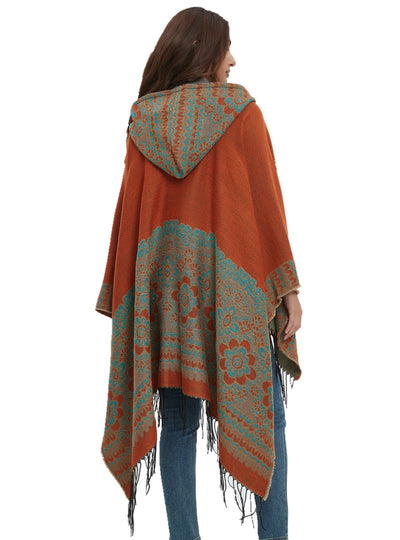 Ethnic Jacquard Hooded Fringed Cloak