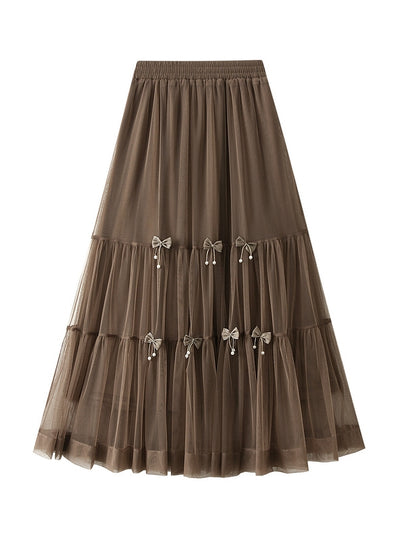 Bow Mesh Cake Elastic Waist Skirt