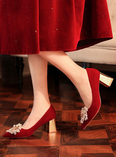 Red Thick-heeled Beads Wedding Shoes