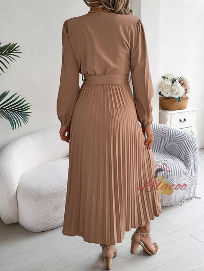 V-neck Button Big Swing Pleated Long Dress