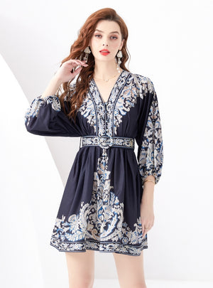 Palace Stand-up Lantern Sleeve Printed Dress