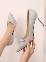 Silver Thin-heeled Pointed Diamond Crystal Shoes