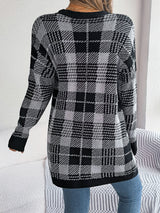 Contrast Plaid Pocket Long Sleeve Sweater Coat