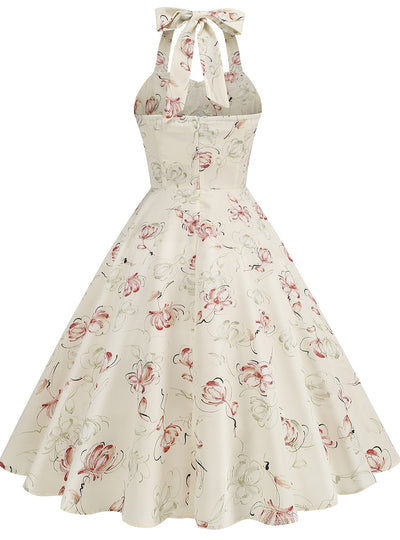 Retro Hepburn Rose Print Halter Dress