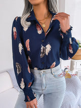 Women Print Lantern Sleeve Lapel Shirt