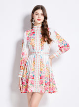 Retro Palace Stand-up Collar Breasted Lantern Sleeve Dress