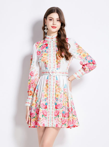 Retro Palace Stand-up Collar Breasted Lantern Sleeve Dress