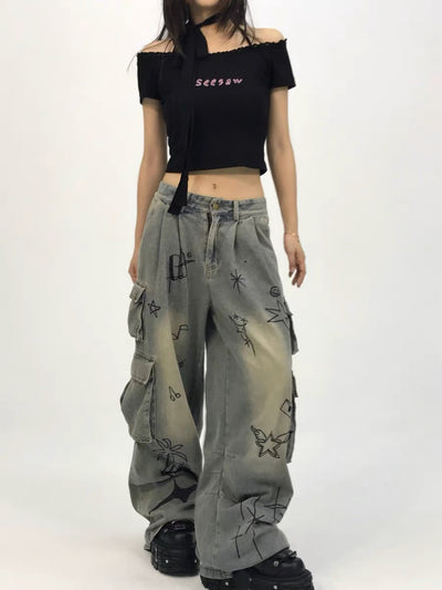 Retro Low Waist Graffiti Cartoon Wide Leg Jeans