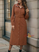 Lapel Stitching Long Sleeve Corduroy Dress