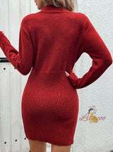 Stand-neck Zipper Semi-open Sweater Dress