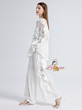 Lace Flower Long Sleeve Shirt+High Waist Lace Pant Suit