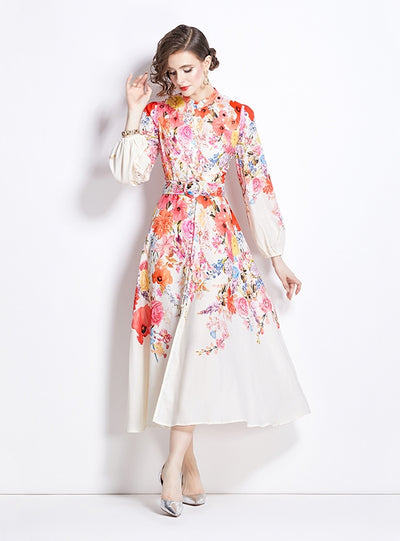 Retro Stand-up Collar Printed Slim Long-sleeved Dress