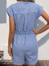 Striped Pocket Button Short Sleeve Jumpsuit