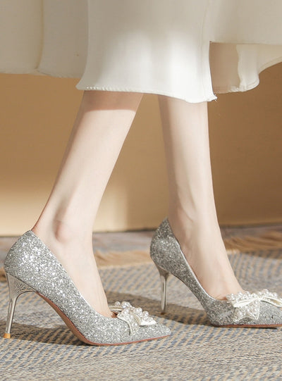 Crystal Pearls Bow High Heels