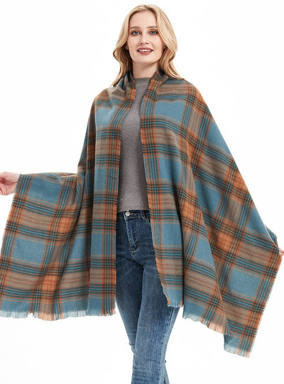 Women Retro Blue Plaid Scarf