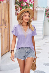 V-neck Lace Stitching Short Sleeve Loose T-shirt