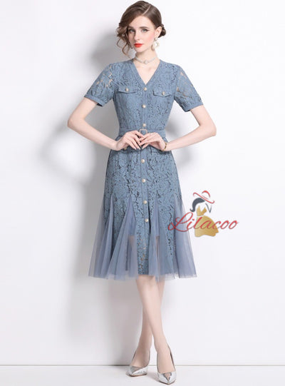 Lace Stitching Mesh Button V-neck Dress