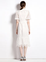 Folding Lantern Short Sleeve Ruffled Lace Dress