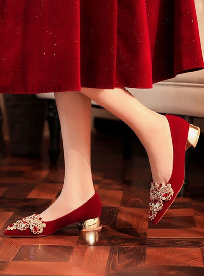 Short Heel Pointed Rhinestone Suede Red Wedding Shoes