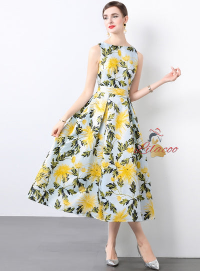 Sleeveless High Waist Printed Silm Waist Dress