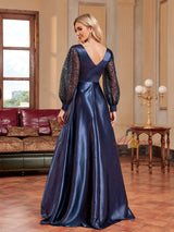 Navy Blue Satin Long Sleeve Sequins Prom Dress