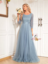 Blue Tulle Lace Long Sleeve Prom Dress