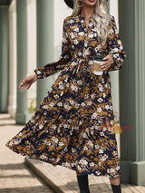 Retro Printed Long Sleeve V-neck Dress