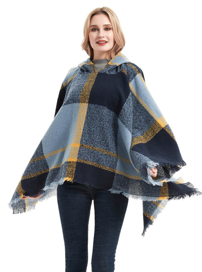 Blue Plaid Hooded Shawl Cloak