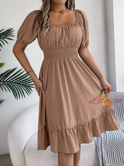 Casual Square Collar Short Sleeve Ruffled Dress