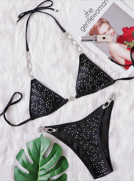 Sexy Rhinestones Split Solid Color Strap Bikini