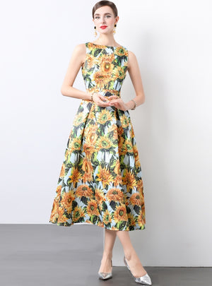 Sleeveless High Waist Print Dress