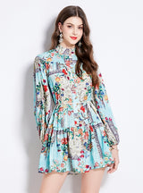 Printed Long-sleeved Retro Short Dress