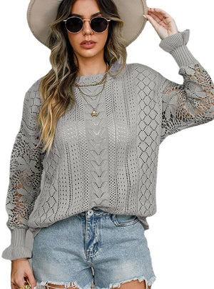 Lace Long Sleeve Solid Color Flared Sleeve Sweater