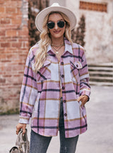 Autumn and Winter Casual Plaid Loose Pocket Coat