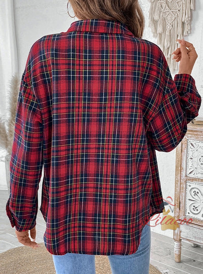 Women Retro Casual Plaid Shirt Coat