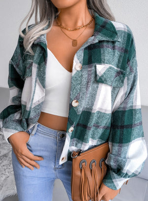 Plaid Lantern Long Sleeve Woolen Coat Jacket