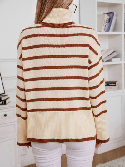 Lapel Striped High Neck Sweater